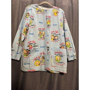 Dear God Kids NurseScrub Jacket Novelty Print Snap Front Long Sleeve Blue Size M